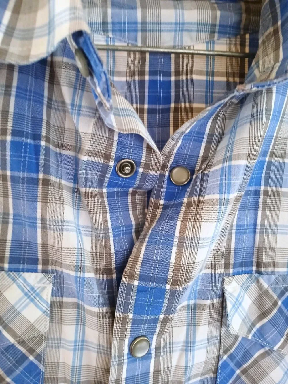 Banana Republic Blue Plaid Pearl Snap Shirt M Western Slim Fit Cowboy Ranch